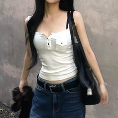 Lunivop Solid Skinny Cargo Pocket Crop Top Sexy See Through White Camisole Women Basic Summer Strap Tees y2k Streetwear Clothing