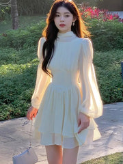 Lunivop Women French White Chiffon Dresses Summer Elegant Sleeve Slim Puff Sleeve bodycon Gentle Fairy Short Dress