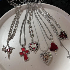 Lunivop Gothic Religious Cross Red Heart Pendant Necklace Set for Women Grunge Hip Hop Necklace Jewelry Gifts