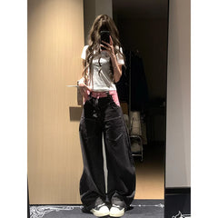 Lunivop Women's Splicing Black Jeans High Street Straight Leg Fashion Y2K Style American Summer Oversized Women's Loose Jeans 2025 NEW