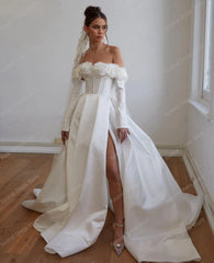 Lunivop Delicate Off The Shoulder Long Sleeve Satin Wedding Dress Custom Made White Petal Shape Hi Slit A-line Draped Bride Gowns