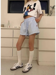 Lunivop Y2k Striped Shorts for Women Harajuku Blue Baggy Elastic Waist Short Pants Korean Style Casual Fashion Retro Shorts