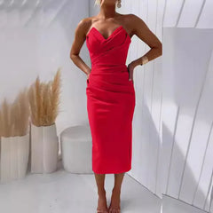 Lunivop European and American Women's Sexy and Elegant Strapless Sleeveless Slit Solid Color Dress