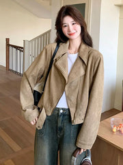 Lunivop Retro Biker Faux Suede Jacket Women Fall Casual Long Sleeve Slim Short Coat Streetwear American Hip Hop Harajuku Tops New
