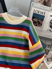 Lunivop Sweet Rainbow Tassel Sweaters Women Vintage Cute Loose Long Sleeve Knitted Jumper Casual Retro O Neck Lady Hollow Out Pullovers