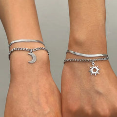 Lunivop Fashion Sun Moon Double Layer Bracelet For Women Stainless Steel Metal Snake Chain Bracelet Personality Jewelry