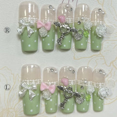 Lunivop Y2K Vintage Gyaru French Lace Long Handmade Press On Nails Bow Pearl Polka Dot Clover Fake Nails Cute Mint Green Lolita Nail Art