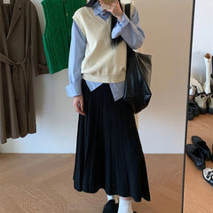 Lunivop Korean Style Pleated Skirt Women Grey Elegant Sweet Knitted Skirt Preppy Style Autumn Winter Casual Solid Long Skirts