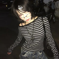 Lunivop Japanese Y2k T-shirt Women Long Sleeve Off Shoulder Striped Crop Tops Y2k Grunge 2000s Aesthetic Streetwear T Shirts