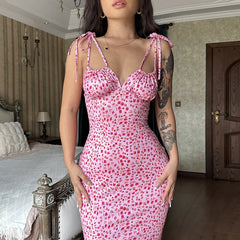 Lunivop V-Neck Halter Floral Print Floor-Length Dress Elegant Casual Temperament Commuter Design Sense Slim Dress For Women