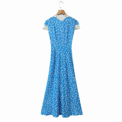 no Lunivop Women Retro French Style Blue Polka Dot Spliced Lace Bow V neck Short Sleeve Dress Summer Maxi Long Dresses Robe Femme Vestidos