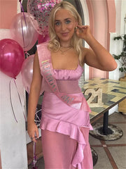 Lunivop Ruffled Patchwork Summer Long Dress For Women Backless Slim See-Through Halter Dresses Women's Spaghetti Maxi Dress 