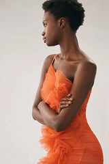 Lunivop Lovely Orange One Shoulder Pleated Tulle Party Dresses Ruched Mermaid Prom Dress Ruffled Pleated Tulle Trumped Women Dresses