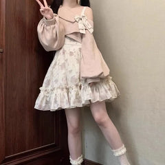 Lunivop Skew Collar Bow Long Sleeve Corduroy Pink Tops Women+ Heavy Flower Print Slim Waist Camisole Dresses Spring New Two Piece Sets