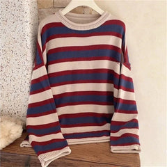 Lunivop American Retro Blue Red Striped Sweaters Mujuer Autumn New O-neck Knitted Pullover Y2k E-Girl Long Sleeve Tops Women
