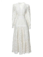 Lunivop Luxury Hollow Out Print Spliced Design Long Sleeve Dresses For Women V-neck Lace Loose Dress Spring Clothing