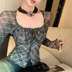 Lunivop Square Neck Contrast Color Plaid Casual Long-sleeved T-shirt Women Autumn New Korean Lace Up Pleated Sexy Slim Crop Tops