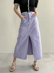 Lunivop Korean Fashion Skirts Solid Color Patchwork Forked High Waist Design Simple Denim Skirt Elegant All Match 2024 Women's Clothing