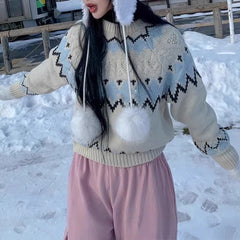 Lunivop Fair Isle Sweater for Women Chunky Knit Crew Neck Pullover Sweater Cozy Knitwear Teen-girl Fall Winter Classic Chic Outfit