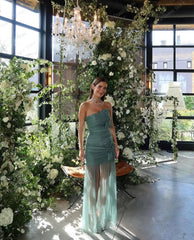 Lunivop Turquoise Green Strapless Bow Banquet Party Dresses Pleated Sheer Tulle Formal Dress Floor Length Long Sleeveless Prom Gowns