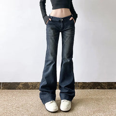 Lunivop American Street Style Deep Blue Jeans for Women Vintage Washed Denim Pants Spring Autumn Casual Straight Wide Leg Pants