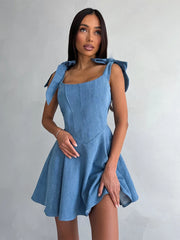 Lunivop Corset Denim A-line Mini Dress Women Summer Chic Sleeveless Lace Up Backless Strap Sexy Robes Ladies Evening Party Short Dress