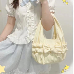 Lunivop Harajuku Bow Beige Shoulder Bags Women Lolita Sweet Canvas Handbag Female Fairycore Aesthetic Kawaii Underarm Bag Y2k