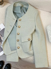 Lunivop Korean Sweet Green Jacket Women Casual O Neck Long Sleeve Tweed Coat Fashion Single Breasted Female Chic Blazer Jackets