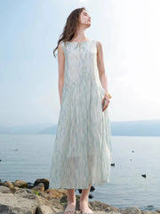 Lunivop Beach Floral Elegant Long Dress Women Casual Vintage Sweet Sleeveless Dress Summer Loose O Neck Lace Up Retro French Dress