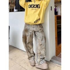 Lunivop Women's Casual Style Vintage Aesthetic Jeans Mop Loose Washed Pants Winter Y2K Wide Leg Punk Baggy Harajuku Denim Trouser