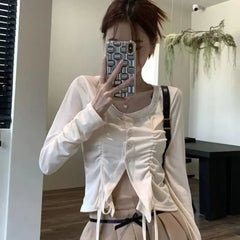 Lunivop Solid Tshirts Long Sleeve Slim Waist Y2k Korean Camisetas Irregular Drawstring Women Crop Tops Folds Tees O Neck Bandage Elegant