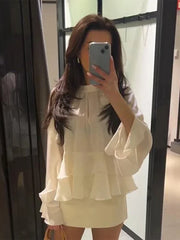 Lunivop Elegant Long Puff Sleeve Female O Neck Blouses Fashion Chiffon Ruffled Shirts For Women Spring New Chic Lady Tops Beachwear