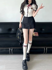 Lunivop Kawaii Uniform College Style Japanese Suits Summer Sweet Fashion Vintage Girls Blue Shirt Mini Pleated Skirts 2-piece Set