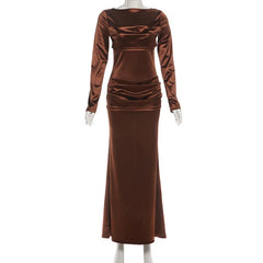 Lunivop Solid Pleated Bodycon Maxi Party Dress Women Elegant O Neck Full Sleeve Slim Evening Gown Birthday Long Robe Casual Streetwear