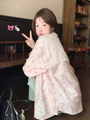 Lunivop Bow Print Plaid Shirts Women Casual Sweet Lace Shawl Long Sleeve Blouse Korean Fashion Loose Preppy Style Cute Chic Tops