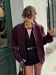 Lunivop Retro Burgundy Zipper Short Jackets Women Casual Loose Long Sleeved Jacket Female Autumn Winter Chic High Street Outwear Tops