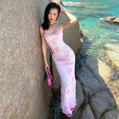 Lunivop Mesh Print Spaghetti Bodycon Backelss Women'S Dresses Beach Vacation Elegant Evening Casual Outfit Summer Y2K Streetwear