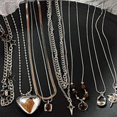 Lunivop Y2K Silver Color Love Heart Pendant Necklace For Women Simple Metal Long Round Bead Sweater Chain Necklace Aesthetic Jewelry