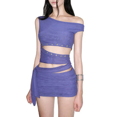 Lunivop Cutenew Wild Hottie 2 Piece Set Women Metal Hollow Off-Shoulder Bandage Sleeveless Tank Top+Ruched Skirt Trend Party Clubwear