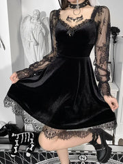 Lunivop Gothic Lolita Girl Lace Trim Velvet A-Line Dress Women Sexy Perspective Long Sleeve V Neck Slim Mini Dress Cosplay Party Costume