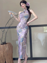 Lunivop Summer Purple Floral Stand Collar Cheongsam Dress Women Korean Luxury Elegant Dress Gown 2025 Vintage Bodycon Party Night Dress