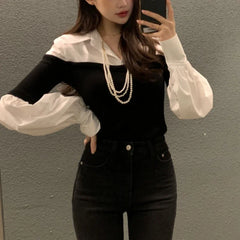 Lunivop Fake Two-piece Multi-button Casual Long-sleeved Shirt Women Autumn New Streetwear Polo Collar Contrast Color Patchwork Tops