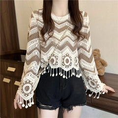 Lunivop Crochet Top Long Sleeve V-Neck Wavy Striped Open-knit Pullover Sweater for Women Teen-girl Boho Vacation Outfit