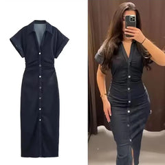 Lunivop Denim Dress Women's Spring Summer Casual Long Dresses For Women New Fashion Ruched Short Sleeve Streetwear Midi Dress