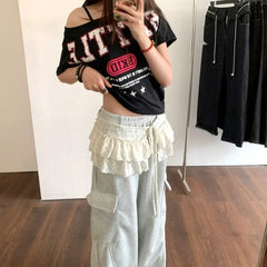 Lunivop Korean Style Mini Skirts Women Harajuku Sweet Lace Up Short Skirts Cute High Waist Y2k Streetwear Black Ruffle Skirt