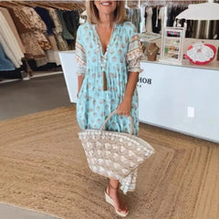 Lunivop Spring Bohemian Women Dresses Long Floral V-neck Short Sleeve Loose A-line Dresses Female New Elegant Trendy Ladies Clothe