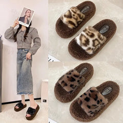 Lunivop New Casual Fluffy Slippers Women Home Fashion Leopard Plush Designer Winter Shoes Girls Flat Open Toe Platform Slipperss