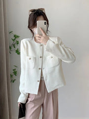 Lunivop White Elegant Tweed Jacket Women Slim Long Sleeve O Neck Chic Sweet Short Coat Fall Winter French Female Fashion New Tops