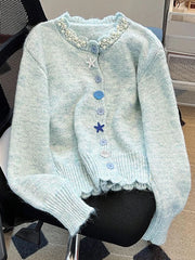 Lunivop Women Korean Sweet Cardigan Fashion Pearls O Neck Long Sleeve Knitted Sweaters Chic Design Buttons Female Fall Tops Coats