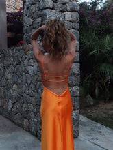 Lunivop Orange Satin Lace Up Sling Long Dresses Women Fashion V Neck Backless Sleeveless Maxi Robe Summer Female Evening Party Club Gown